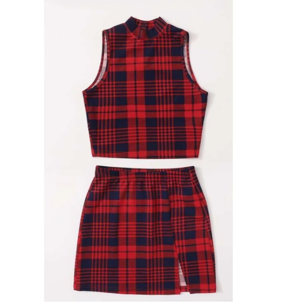 Womens blue & red plaid crop top and skirt…